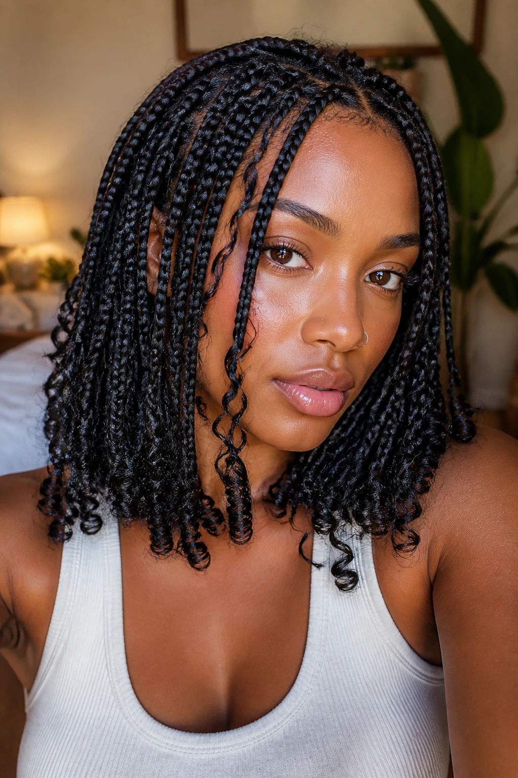 Real person in bob-length box braids with curled ends