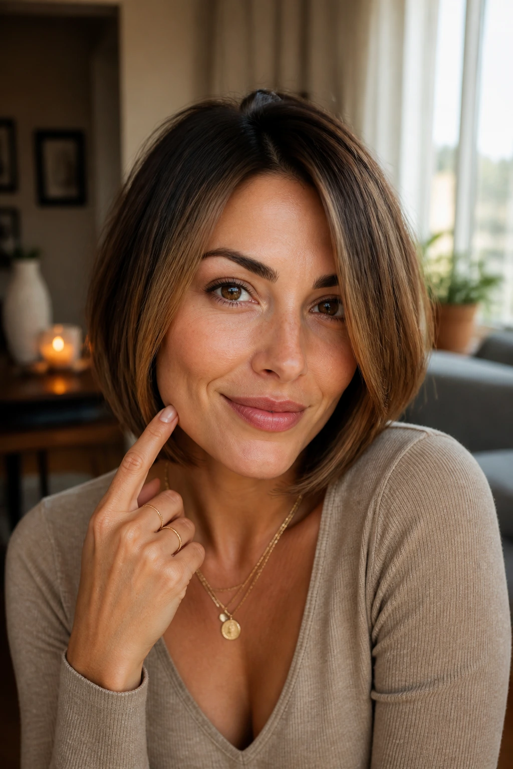Portrait of a woman explaining how to describe a desired bob to a stylist