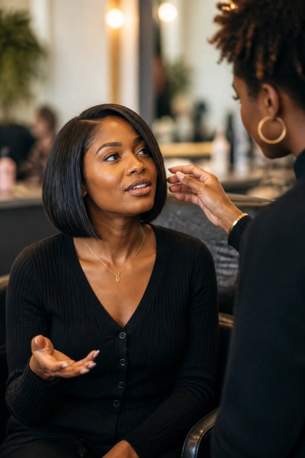 Client consulting with stylist about bob length and maintenance