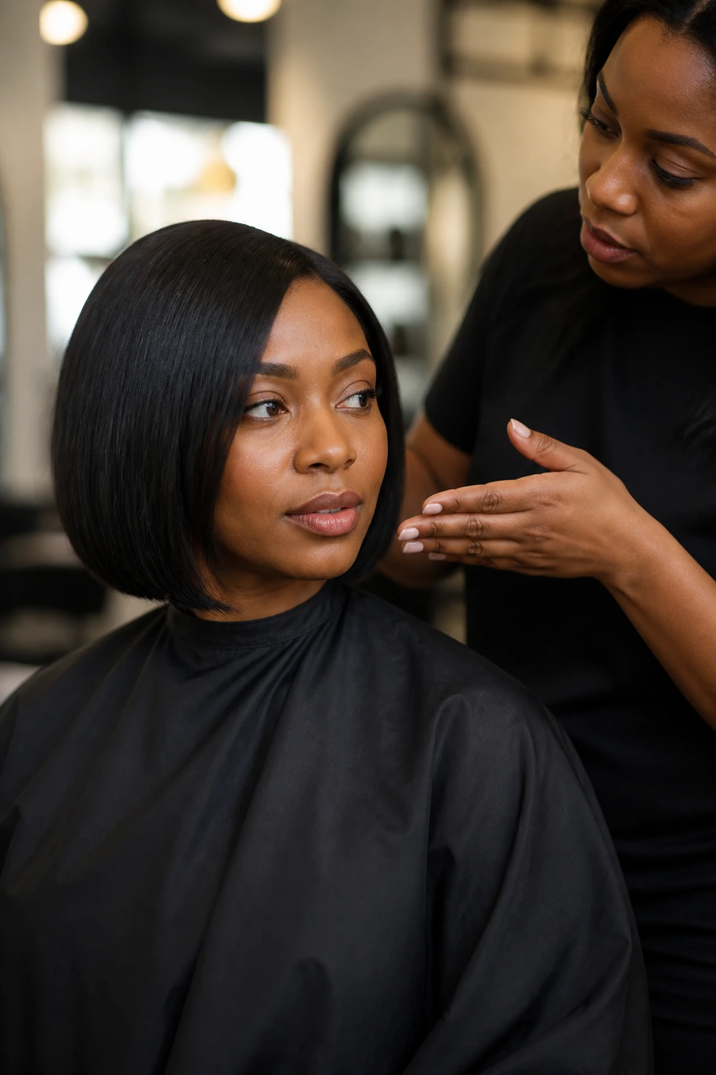 Close-up of a Black woman consulting with a stylist in a salon about her bob cut