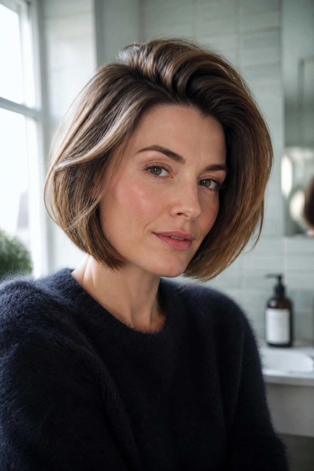 Real person with crown lift for bob showing height and soft ends