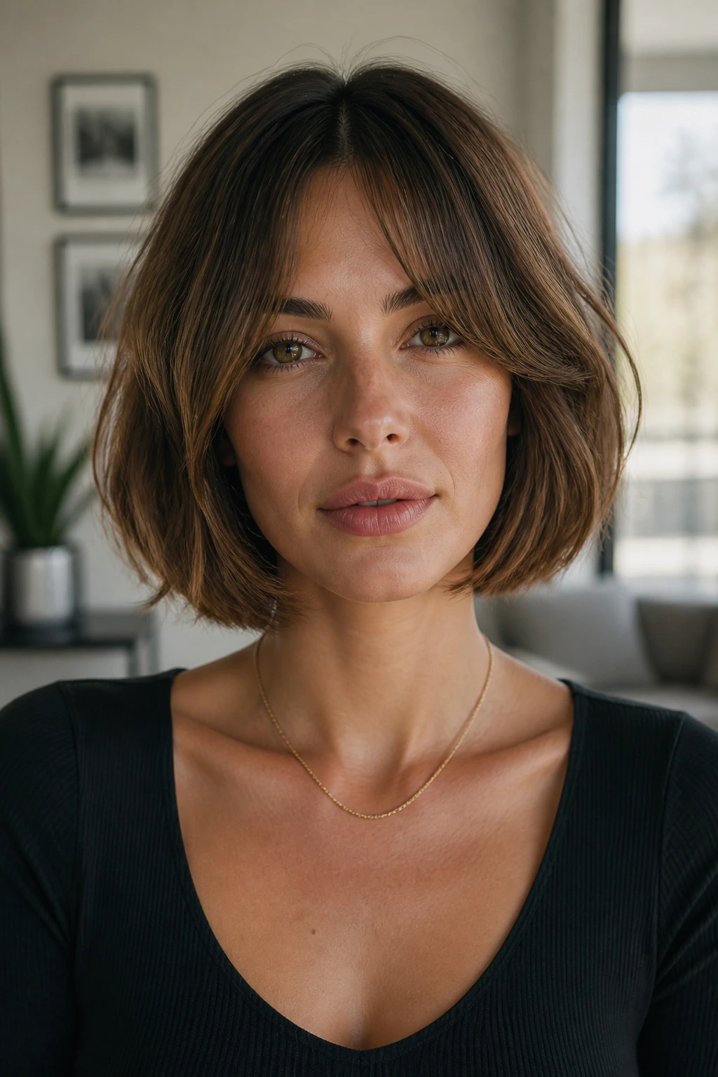 Real woman with a modern bob and curtain bangs in a bright living room