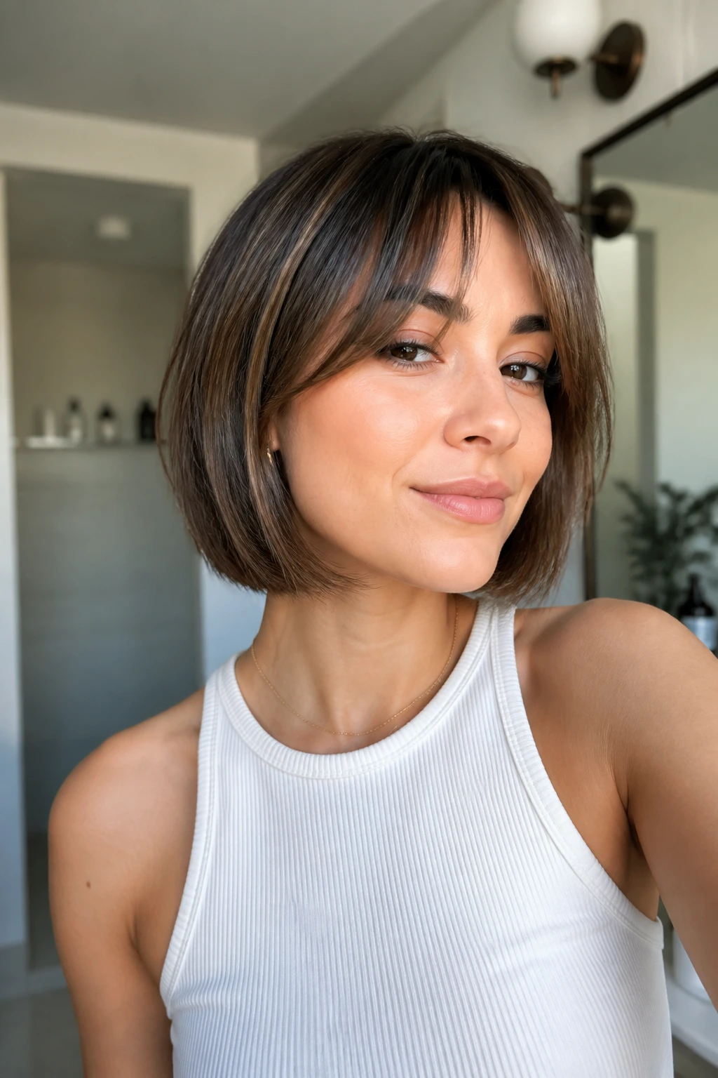 Real woman with polished bob and curtain bangs in bright indoor light.