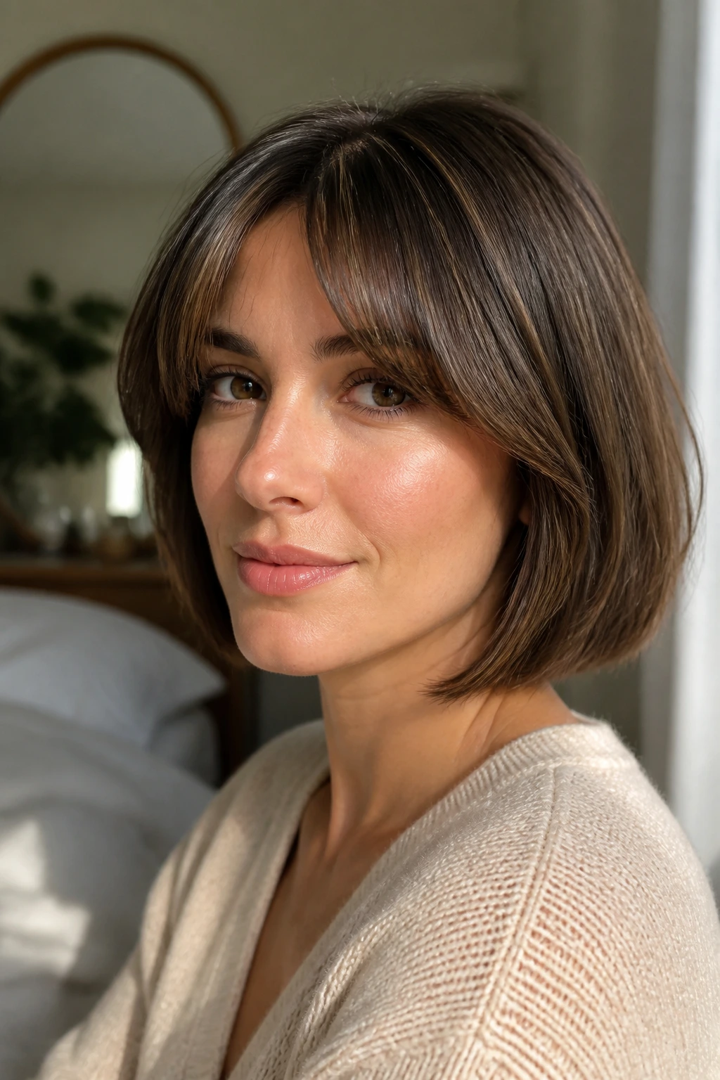 Real woman with curtain bangs and short bob in soft window light
