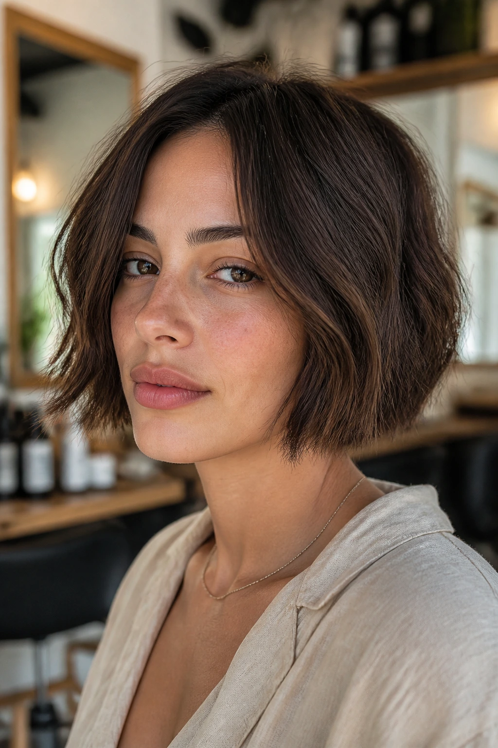 Real person with crisp perimeter choppy bob in natural light