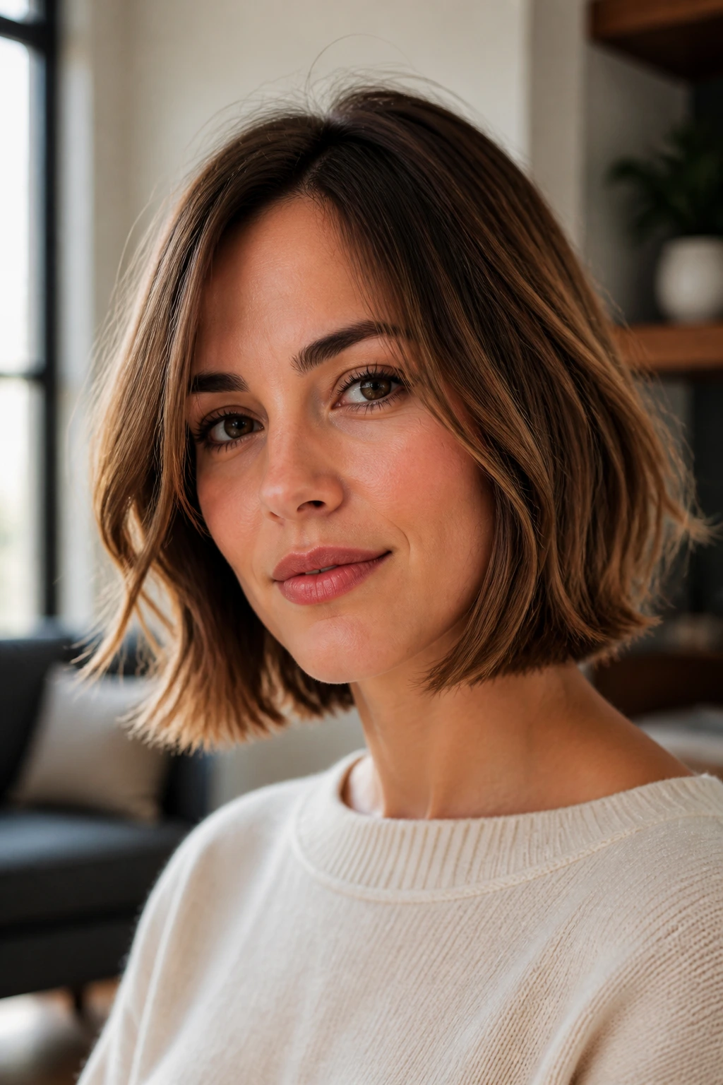 Close-up portrait of a woman with a soft, dimensional bob that flatters square jawlines