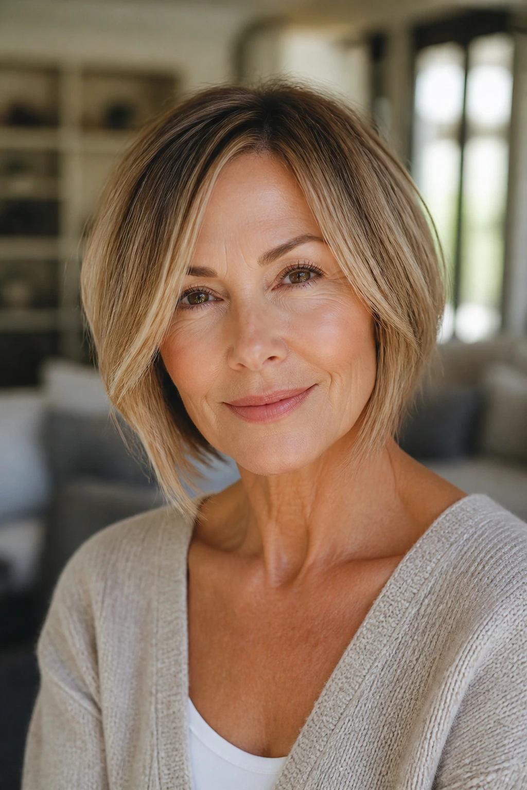 Close-up of a woman with a bob and face-framing pieces in warm light
