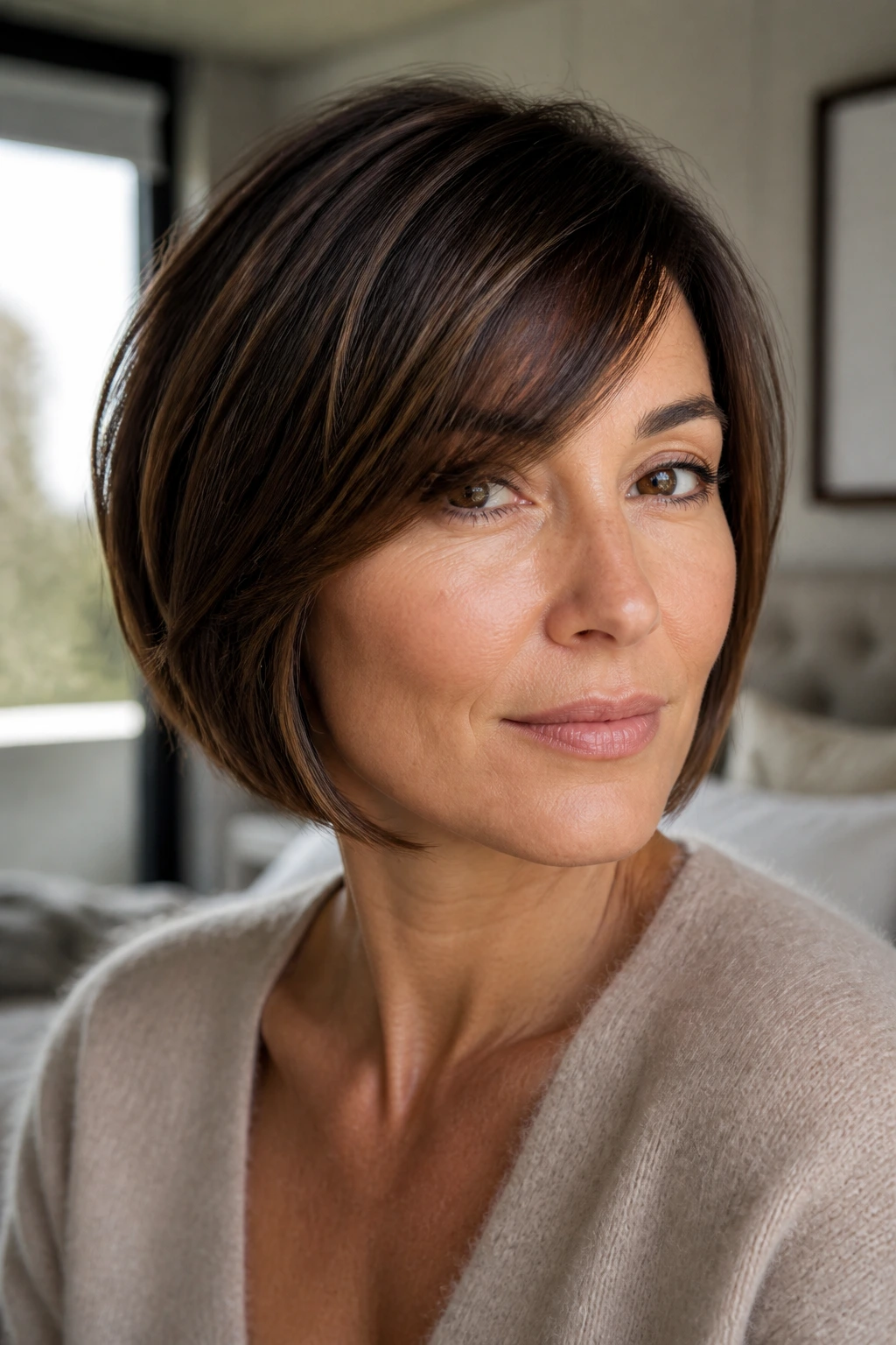 Close-up of a real woman with a bob and side-swept fringe illustrating hair variation