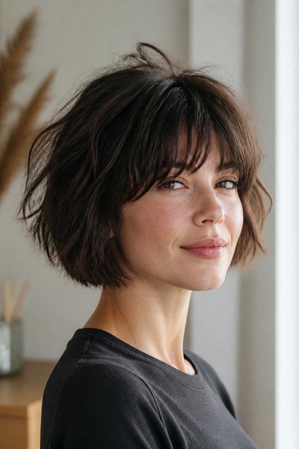 Real person with shaggy bob highlighting bangs and crown lift indoors