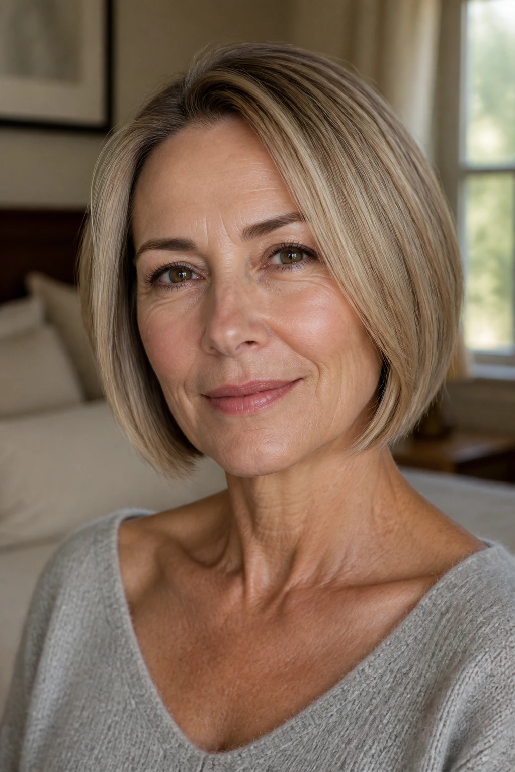 Close-up portrait of a woman with a jaw-length bob