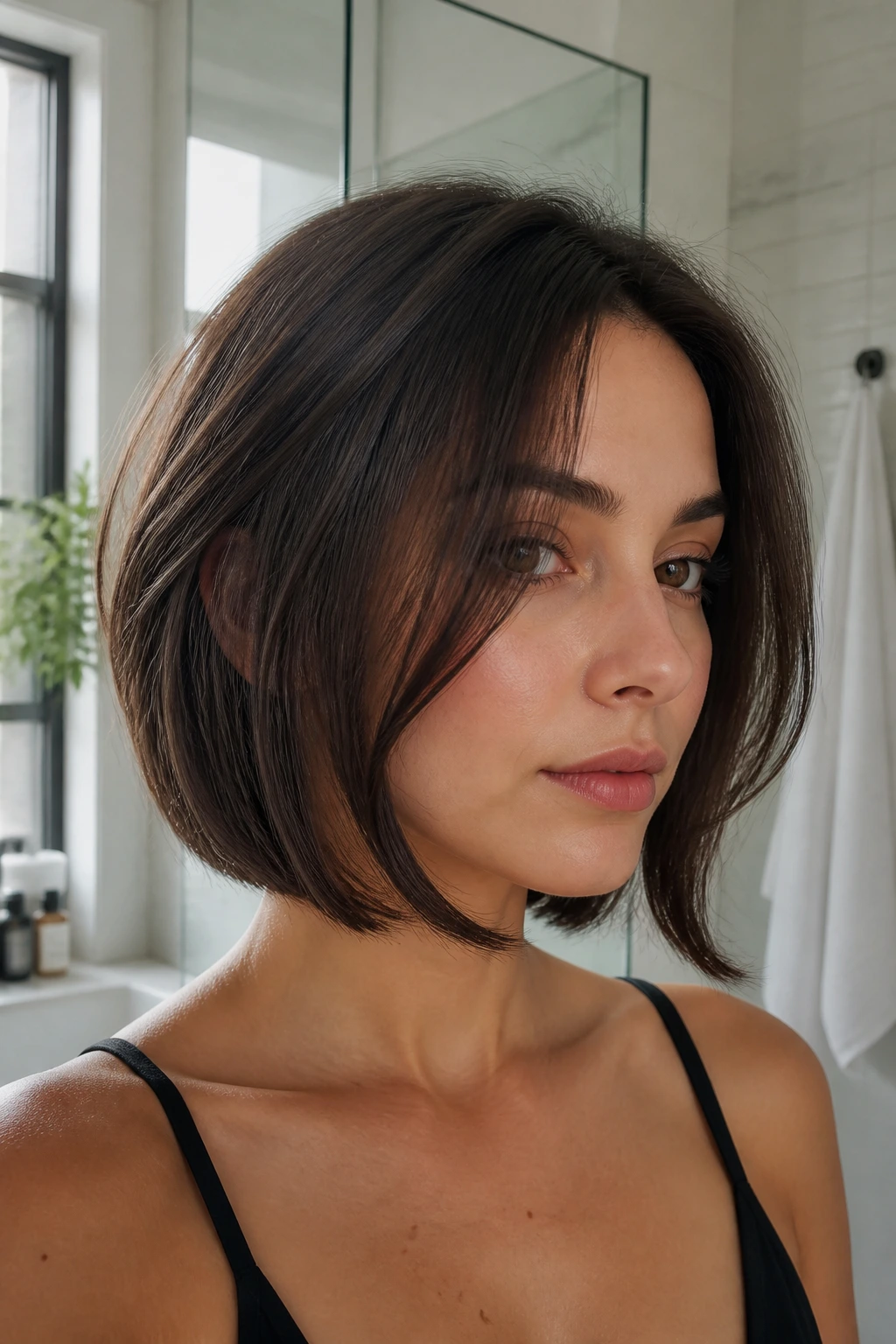 Close-up of a real person with a bob showing subtle styling detail.