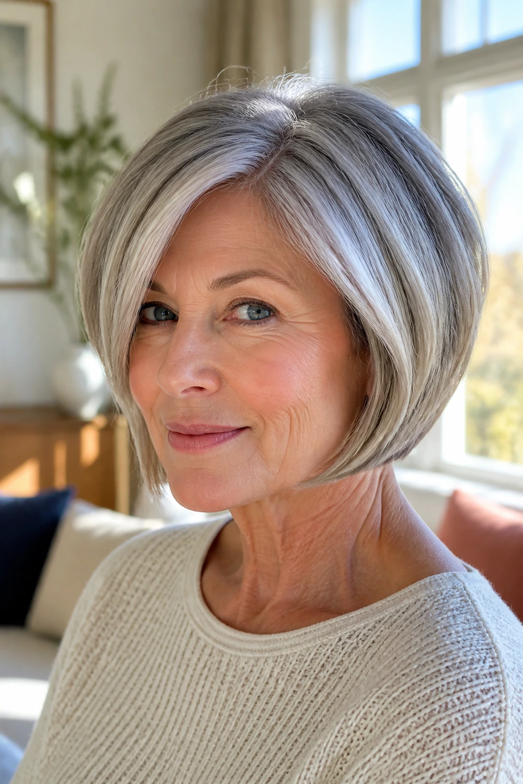 Close-up portrait of a real woman with a thick bob showing balanced weight and neat perimeter in a sunlit room.