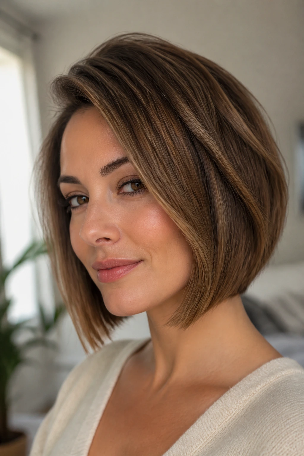 Close-up portrait of a real woman with a bob showing angle, crown lift, and textured ends