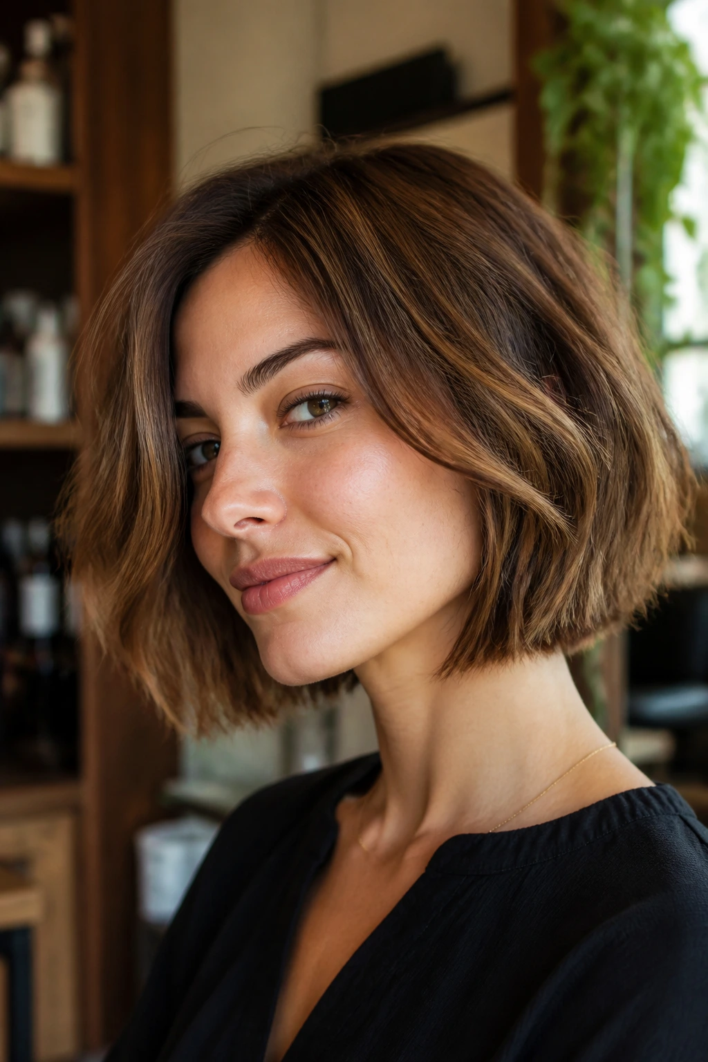 Close-up portrait of a real person with a bob haircut showing balance at jaw and cheekbone