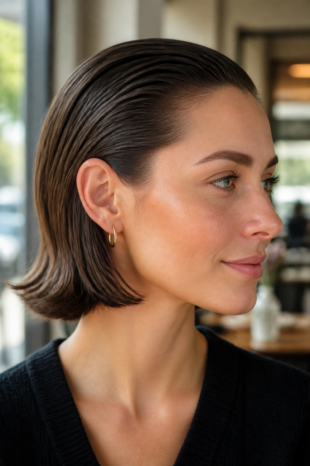 Close-up of a real woman with a bob tucked behind the ears