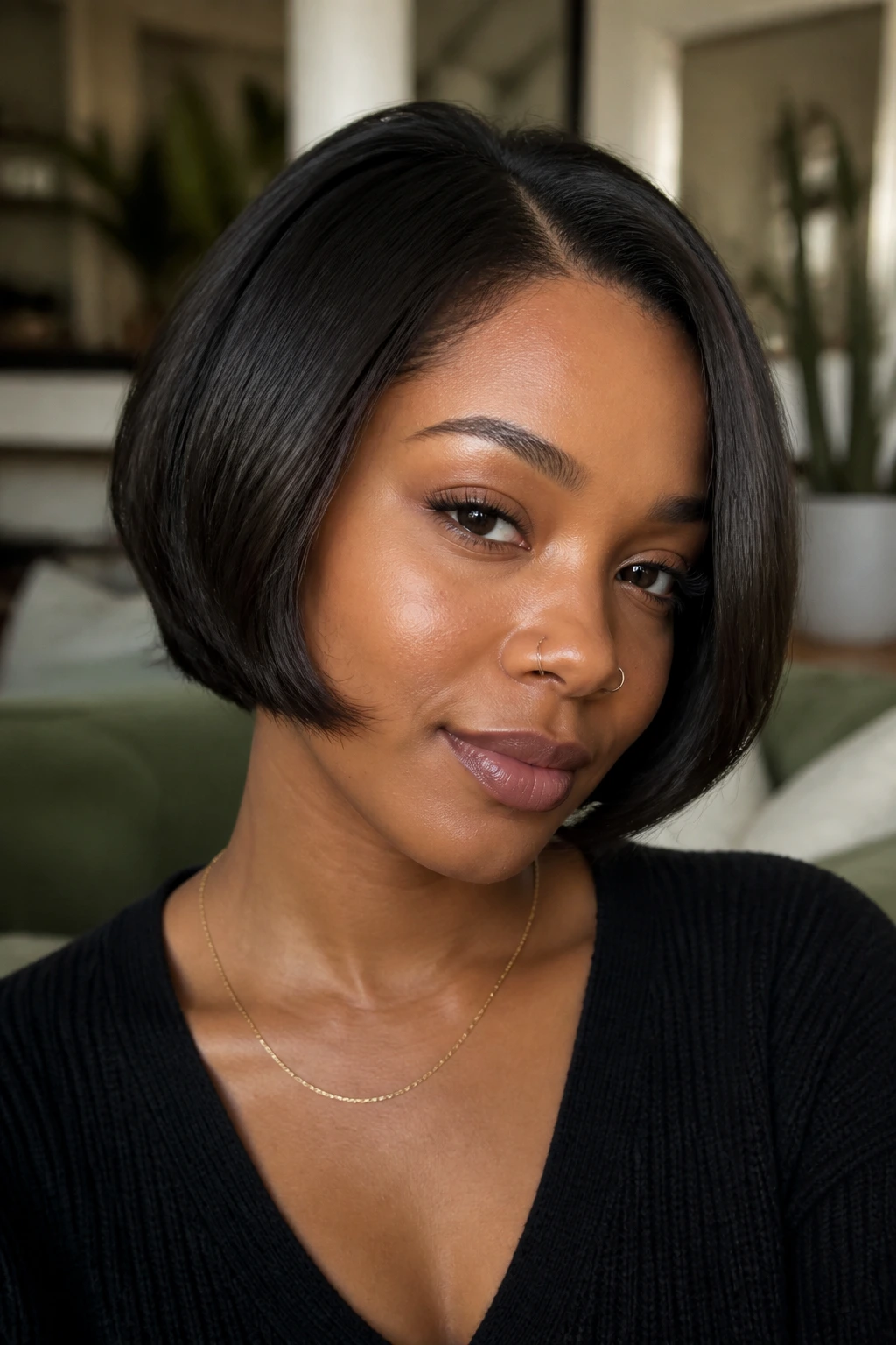 Close-up portrait of a Black woman with a chin-length glossy bob in a warm, window-lit living room.