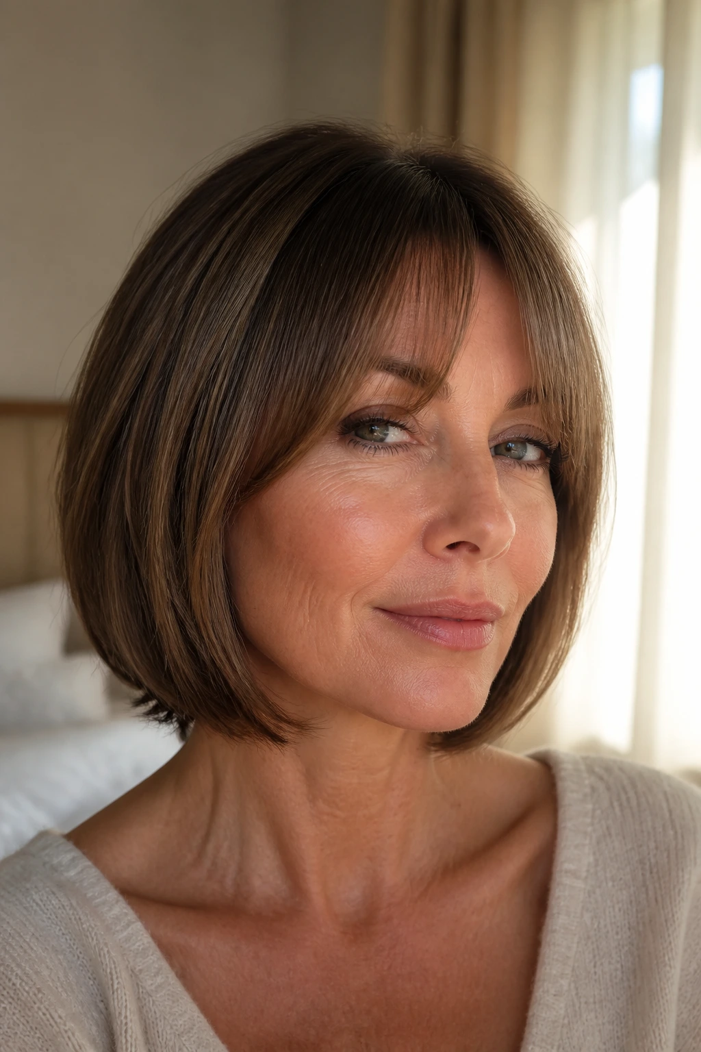 Close-up of a real woman with chin-skimming bob and bottleneck bangs under soft window light