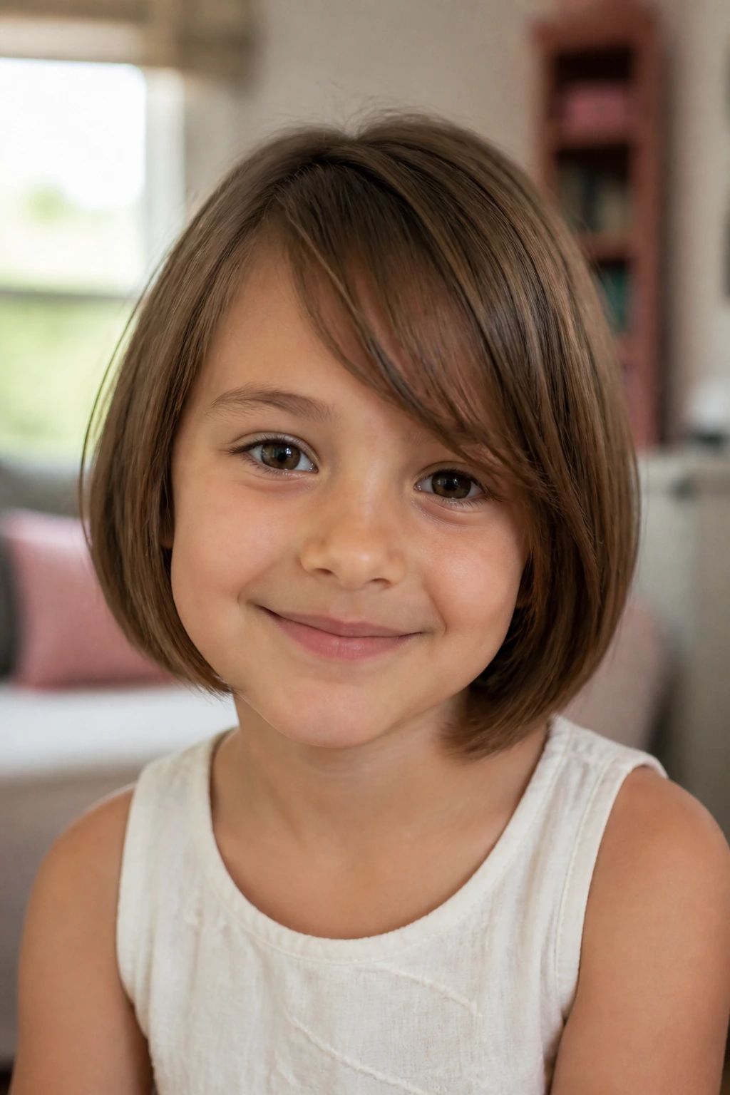 Young girl with a bob and side-swept fringe illustrating tweaks to the same haircut.