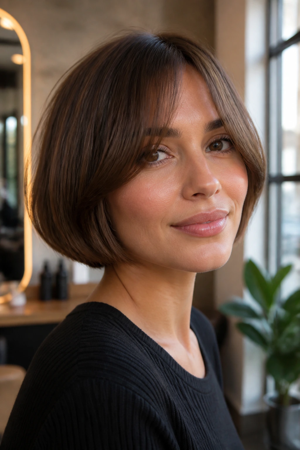 Close-up portrait of a real woman with a bob haircut and curtain bangs emphasizing shape and soft fringe