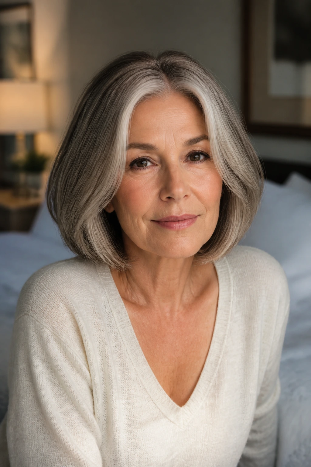 Portrait of a woman with a center-parted shoulder-length bob in warm window light