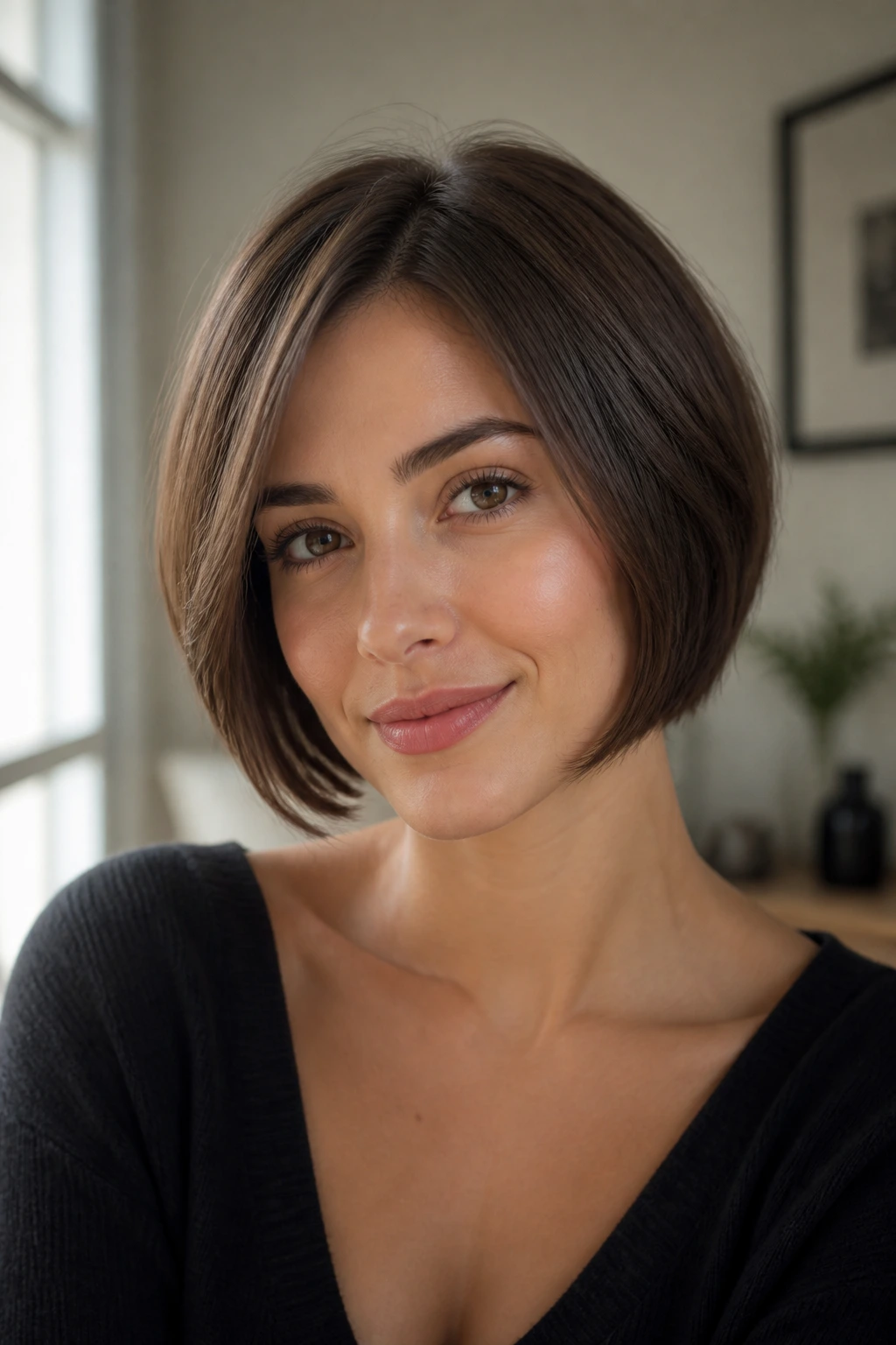 Real woman with a tailored bob that flatters her face shape under soft window light