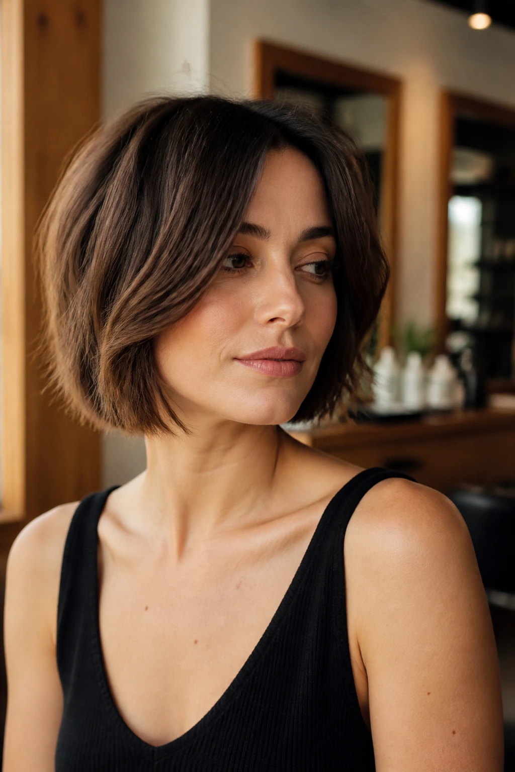 Portrait of a woman with a tailored bob that flatters her face shape in a warm salon