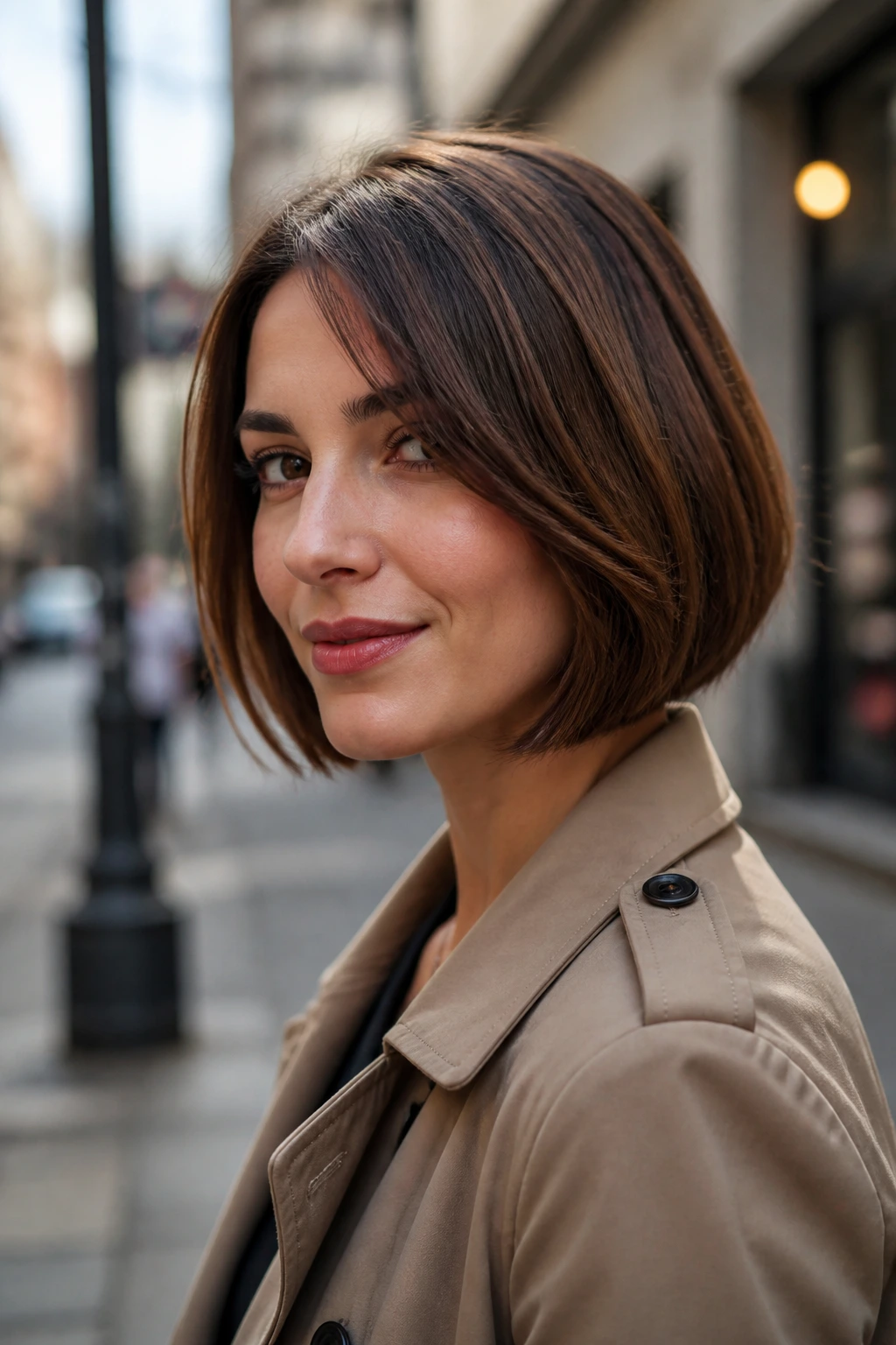 Close-up of a real woman wearing a well-fitting bob in an urban outdoor setting