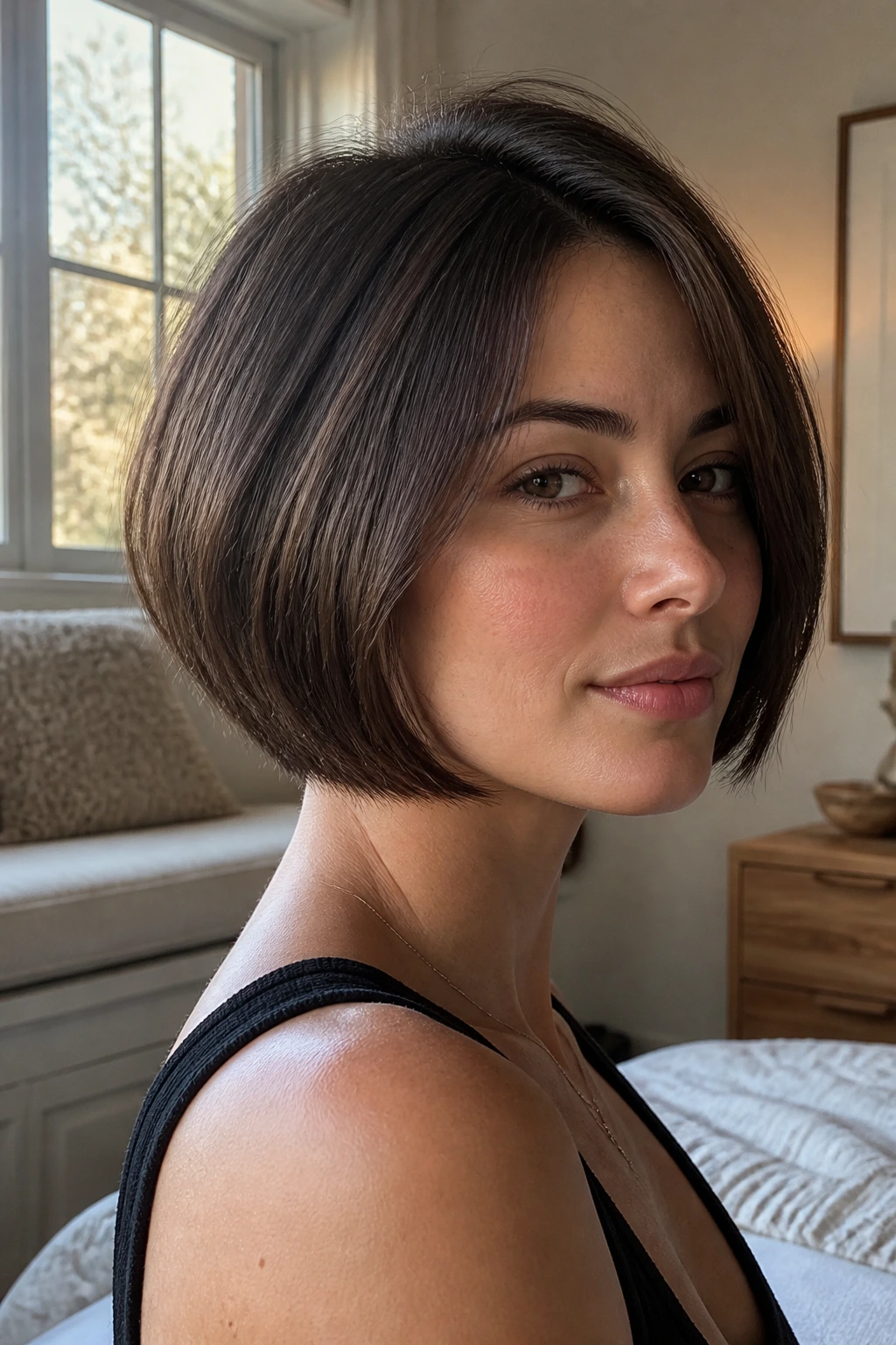 Close-up portrait of a woman with a jaw-length bob under natural window light