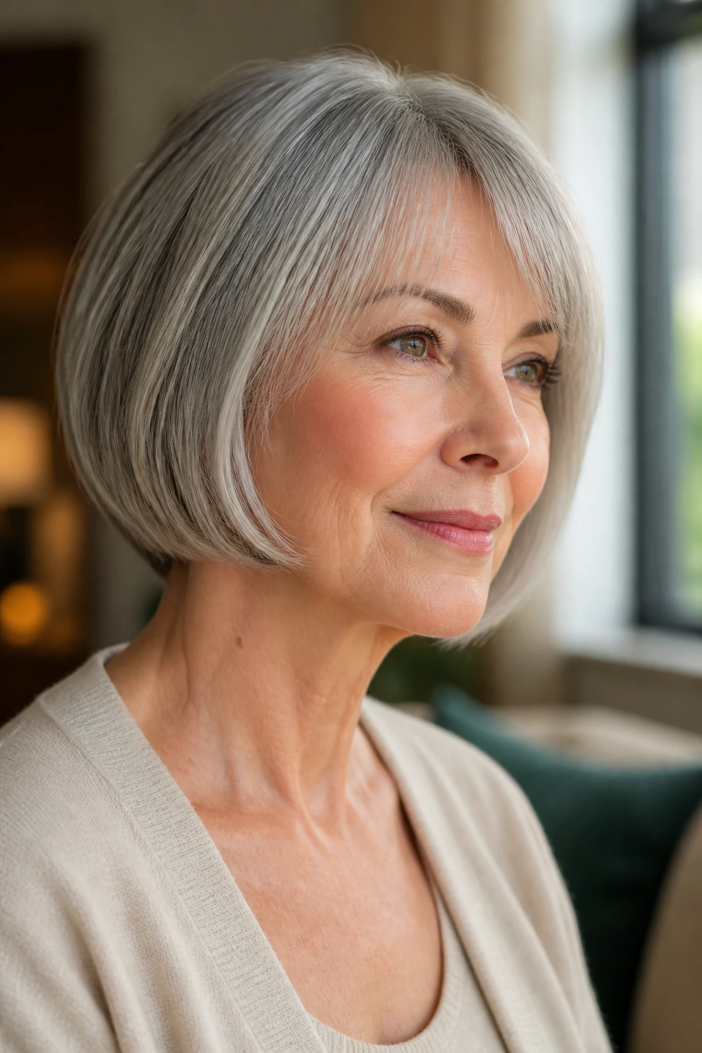 Close-up of an older woman with a chin-length silver bob highlighting her jawline