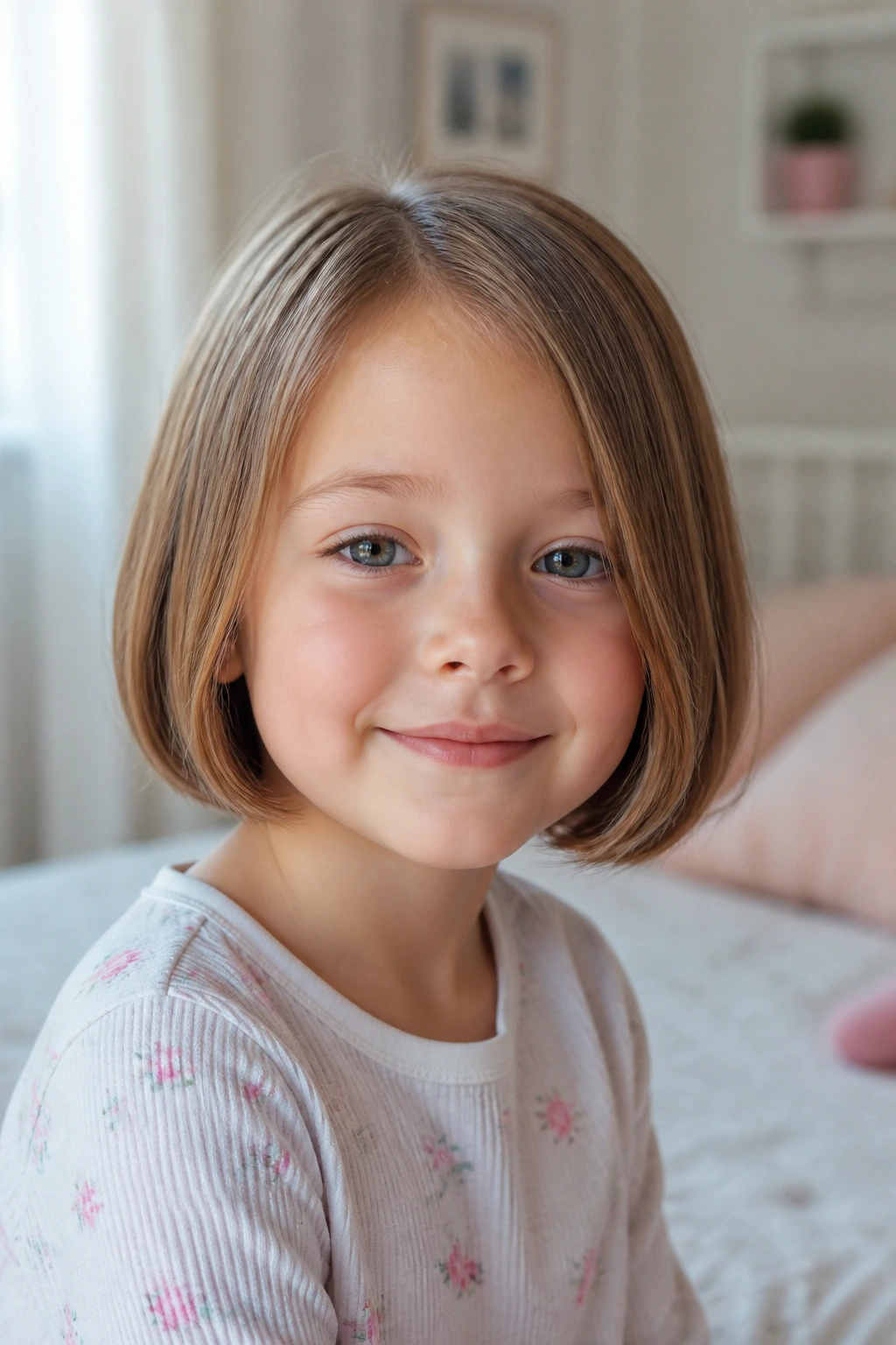Portrait of a young girl with a neat chin-length bob haircut
