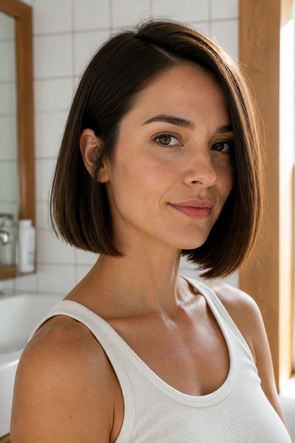 Woman with crisp shoulder-length bob in a bright bathroom