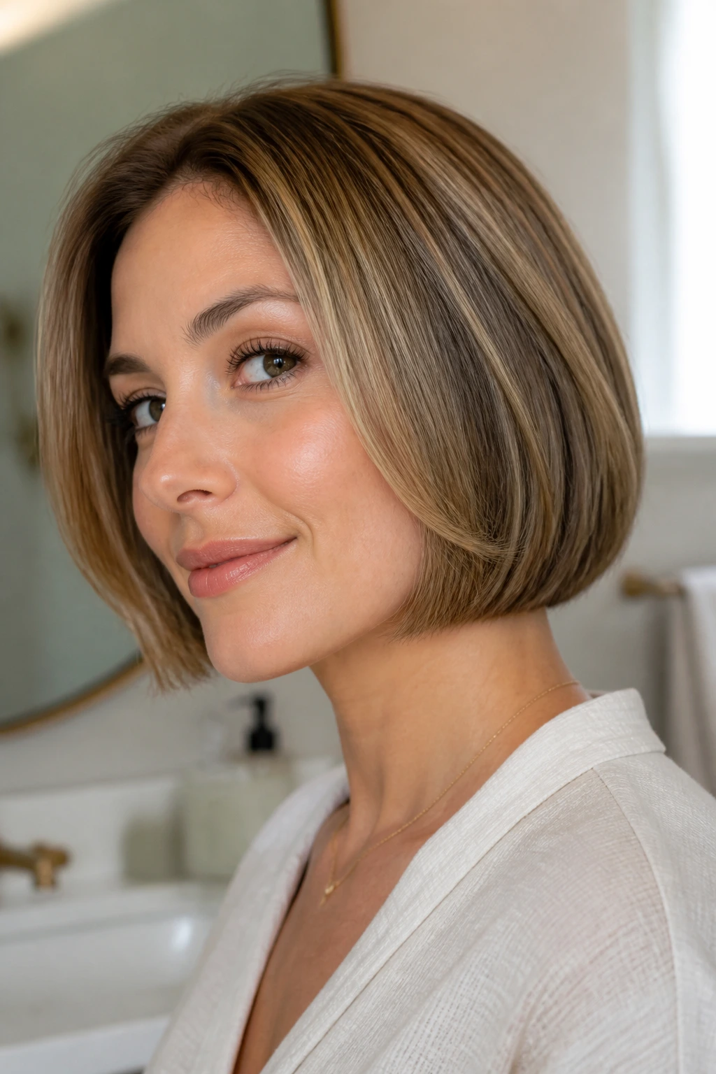 Close-up of a real woman with a tidy perimeter bob in soft daylight
