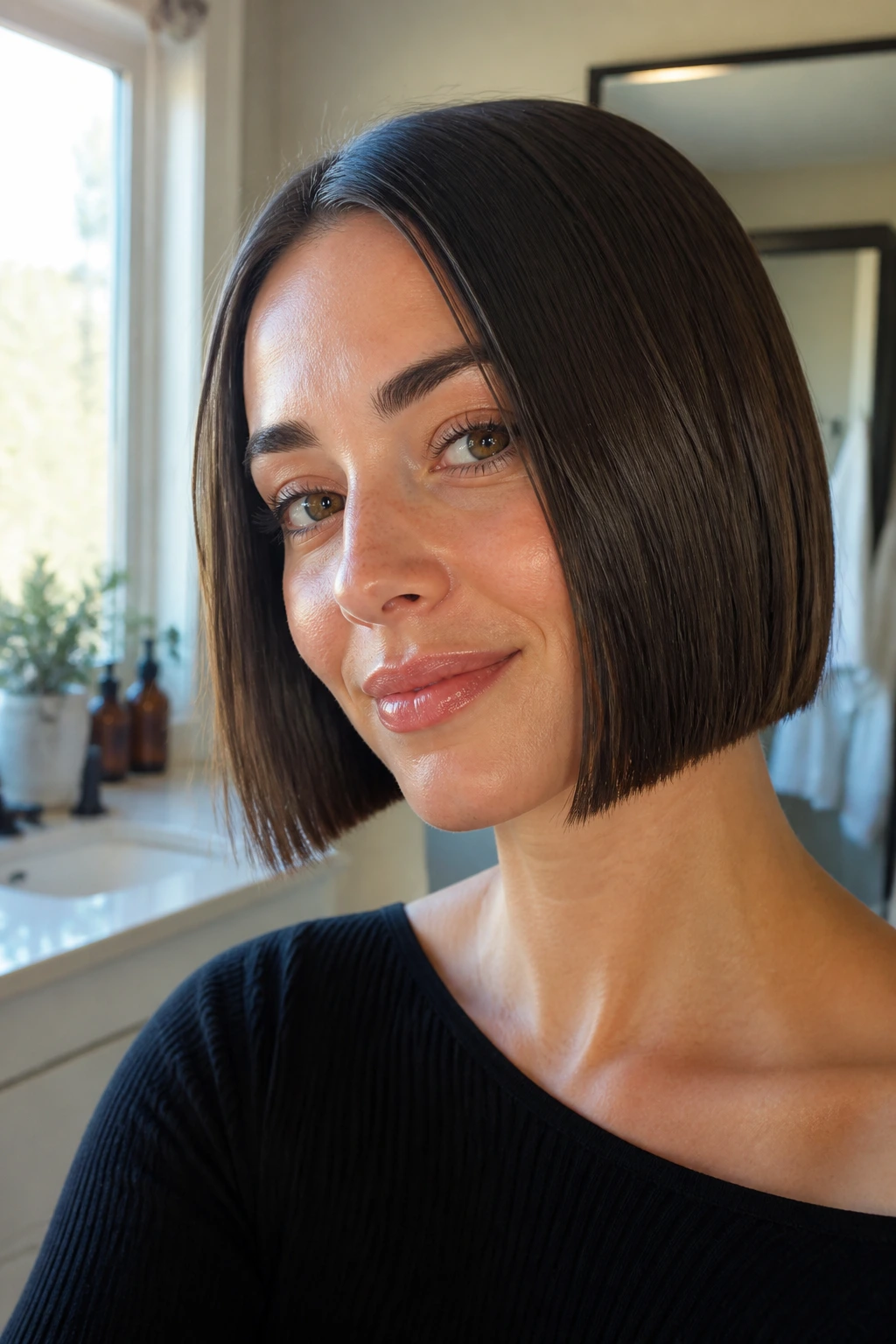 Close-up of a real woman with a blunt bob and a crisp neckline in warm bathroom light