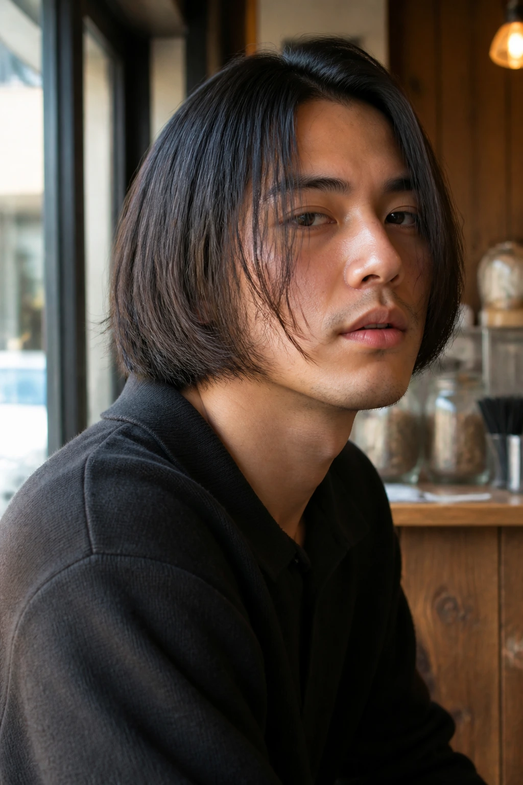 Close-up of a man with a jaw-length bob in a cafe setting, natural light