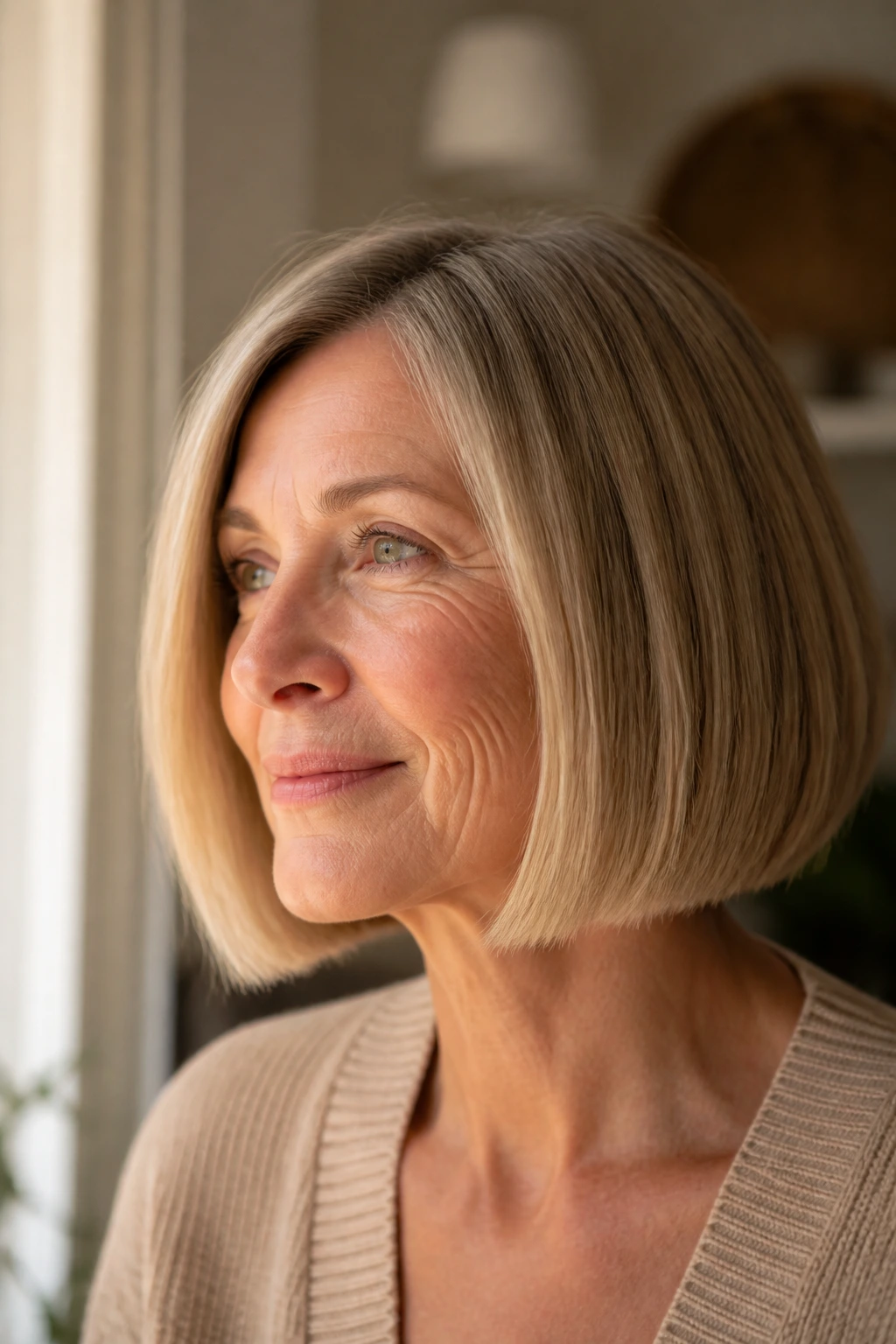 Close-up portrait of a woman over 50 with a chin-length blunt bob and warm window light.