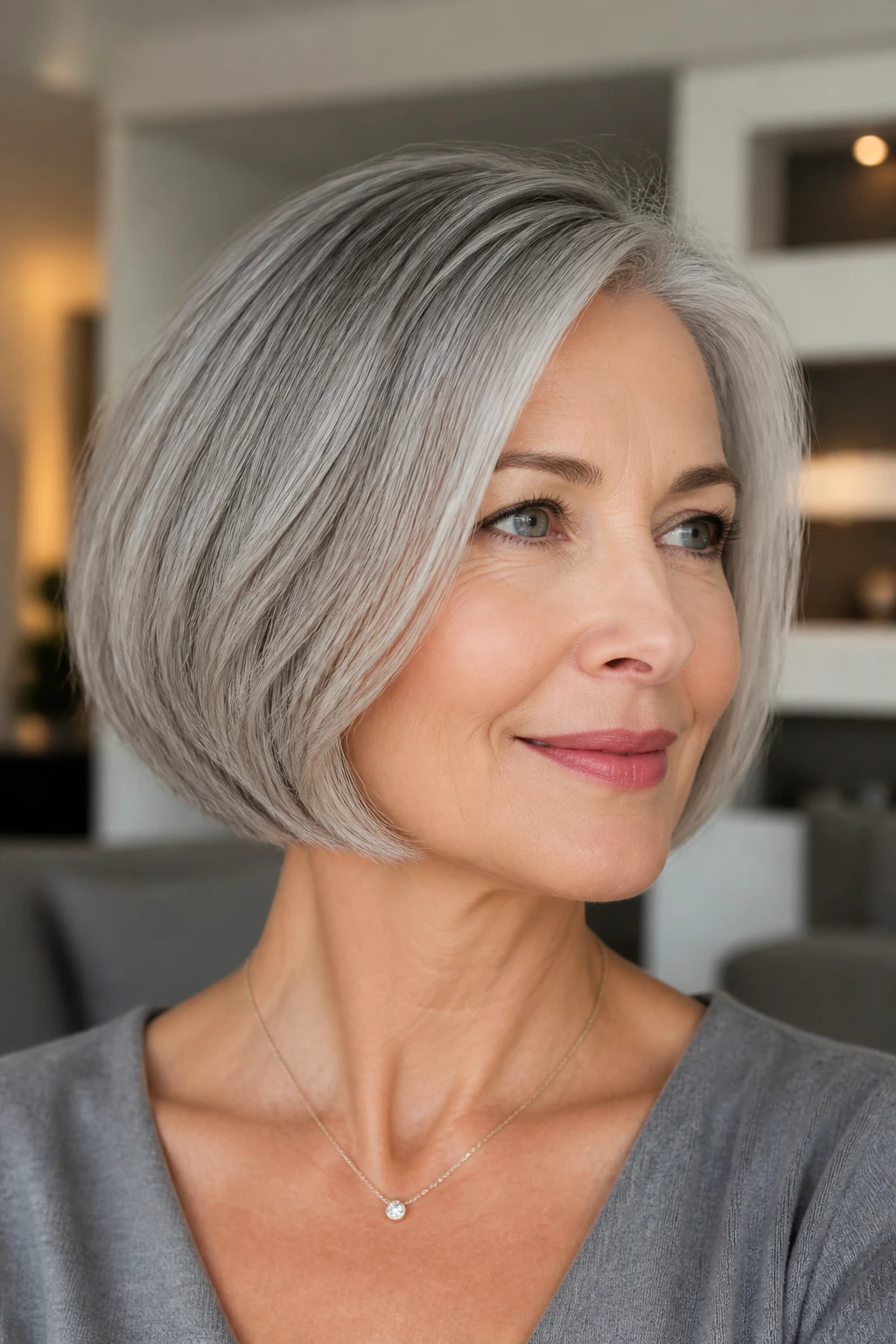 Real woman with a shaped bob showing a strong perimeter.