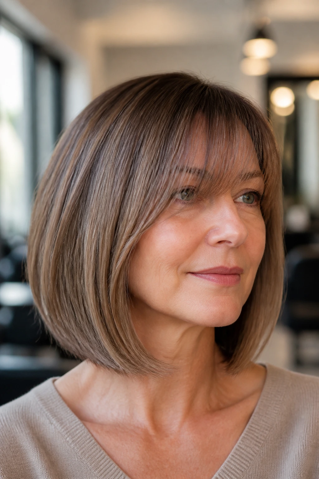 Close-up portrait of a woman with a medium bob and long bangs