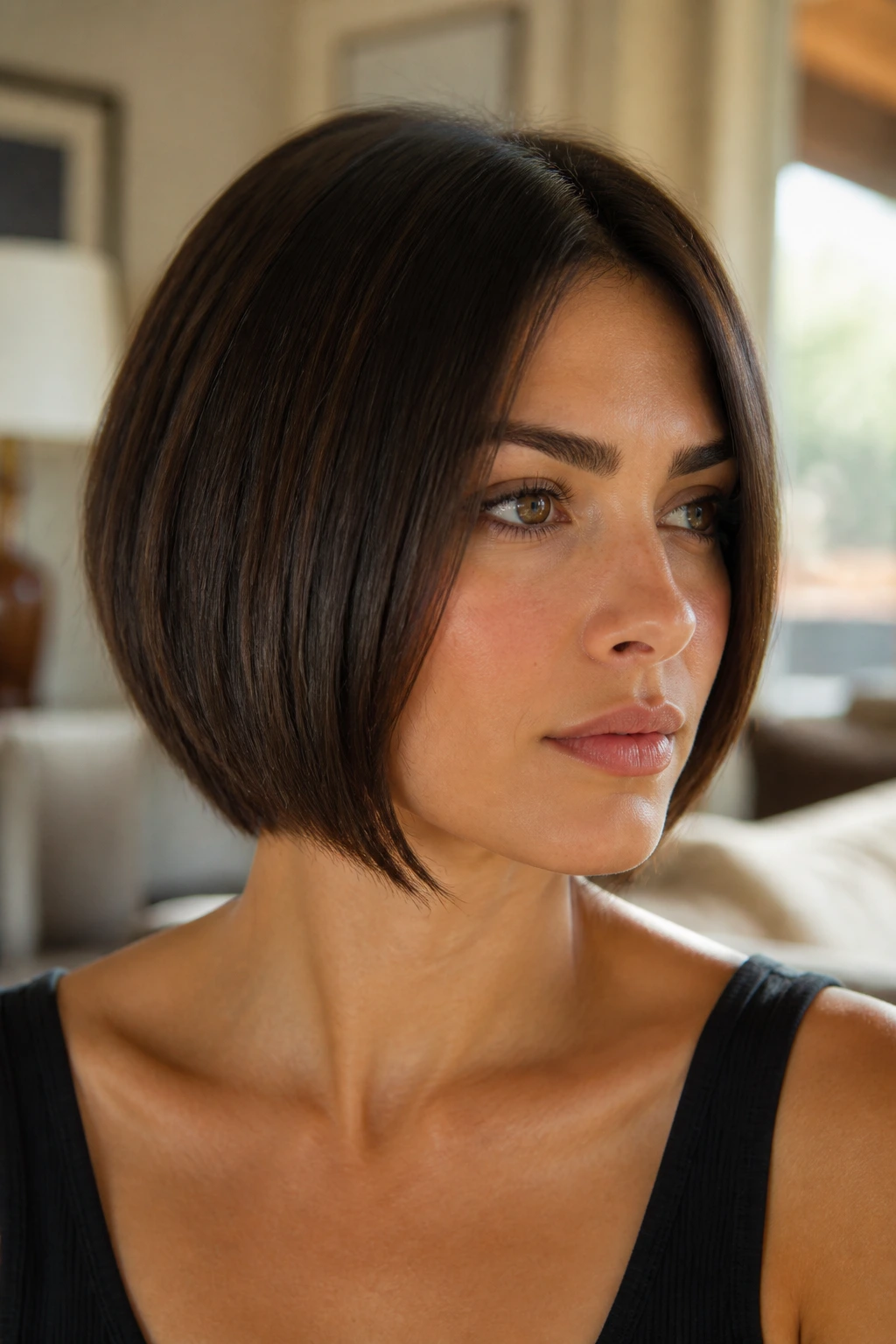 Close-up portrait of a real woman with a sharp-edged bob hairstyle in warm light