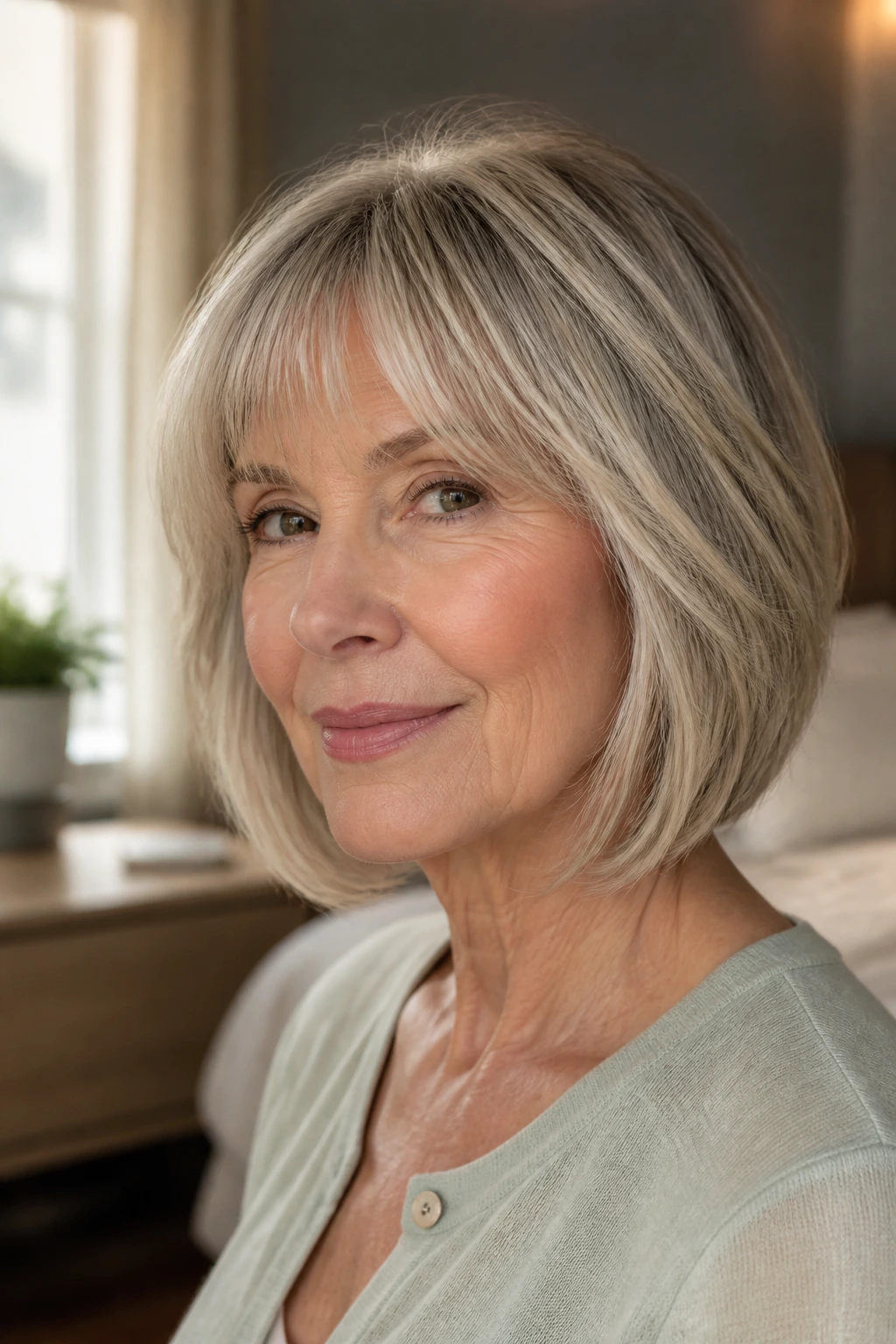 Close-up of a woman with a structured shoulder-length bob in natural window light