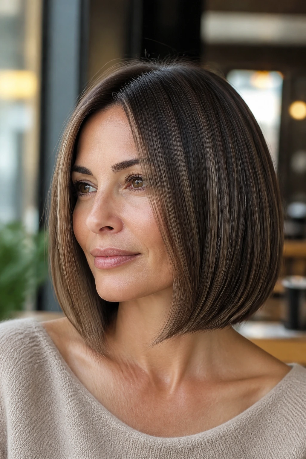 Close-up of a real woman with a sleek straight bob and invisible layers in natural daylight