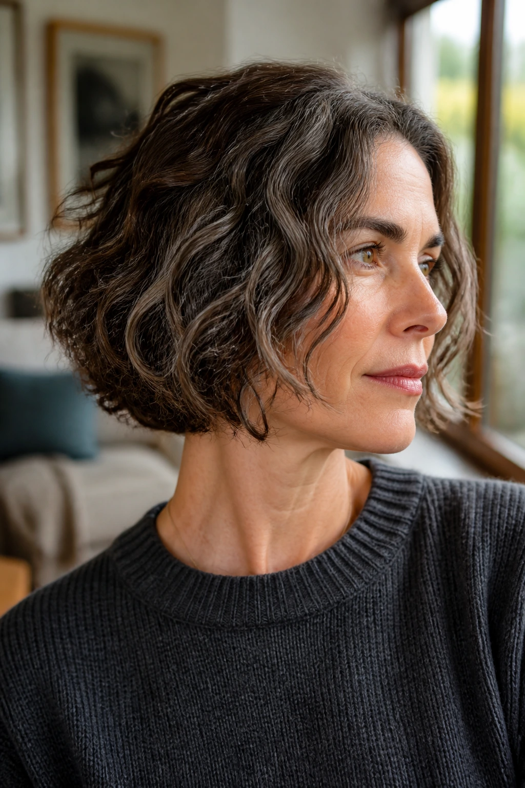 Close-up of a real woman with a thick wavy bob that sits close to the head framing the jaw