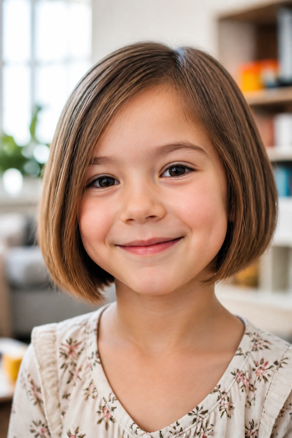 Close-up of a child with a jaw-length bob that frames the face