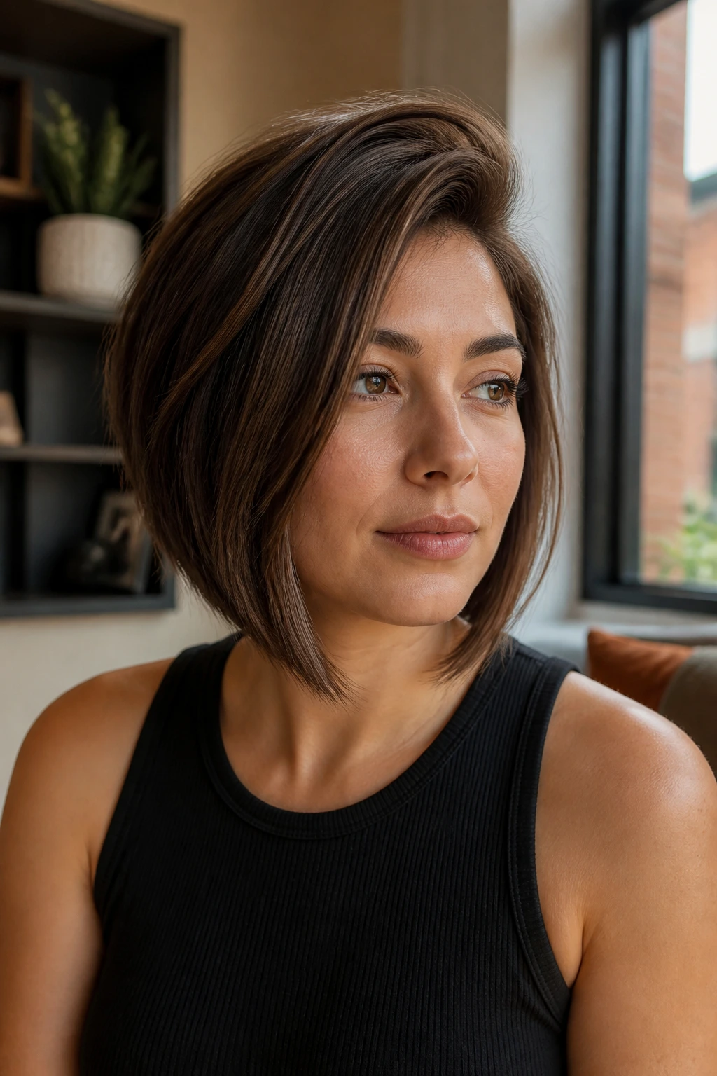 Portrait of a real person with a bob showing elongation of a round face