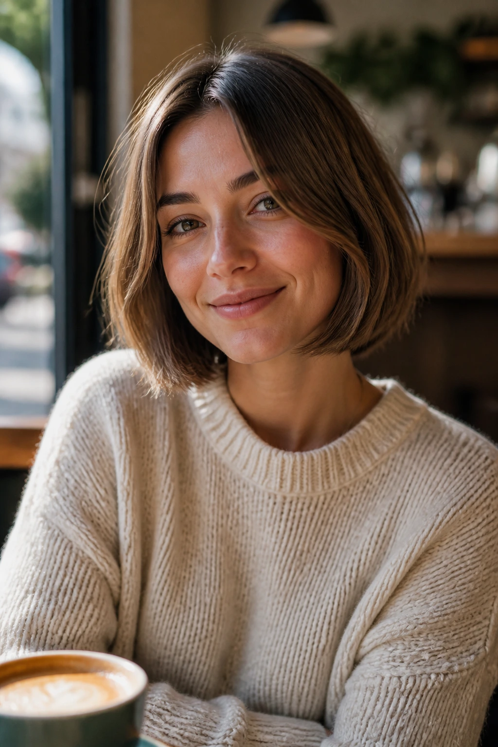 Portrait of a woman with a relaxed, effortless bob in a cafe.