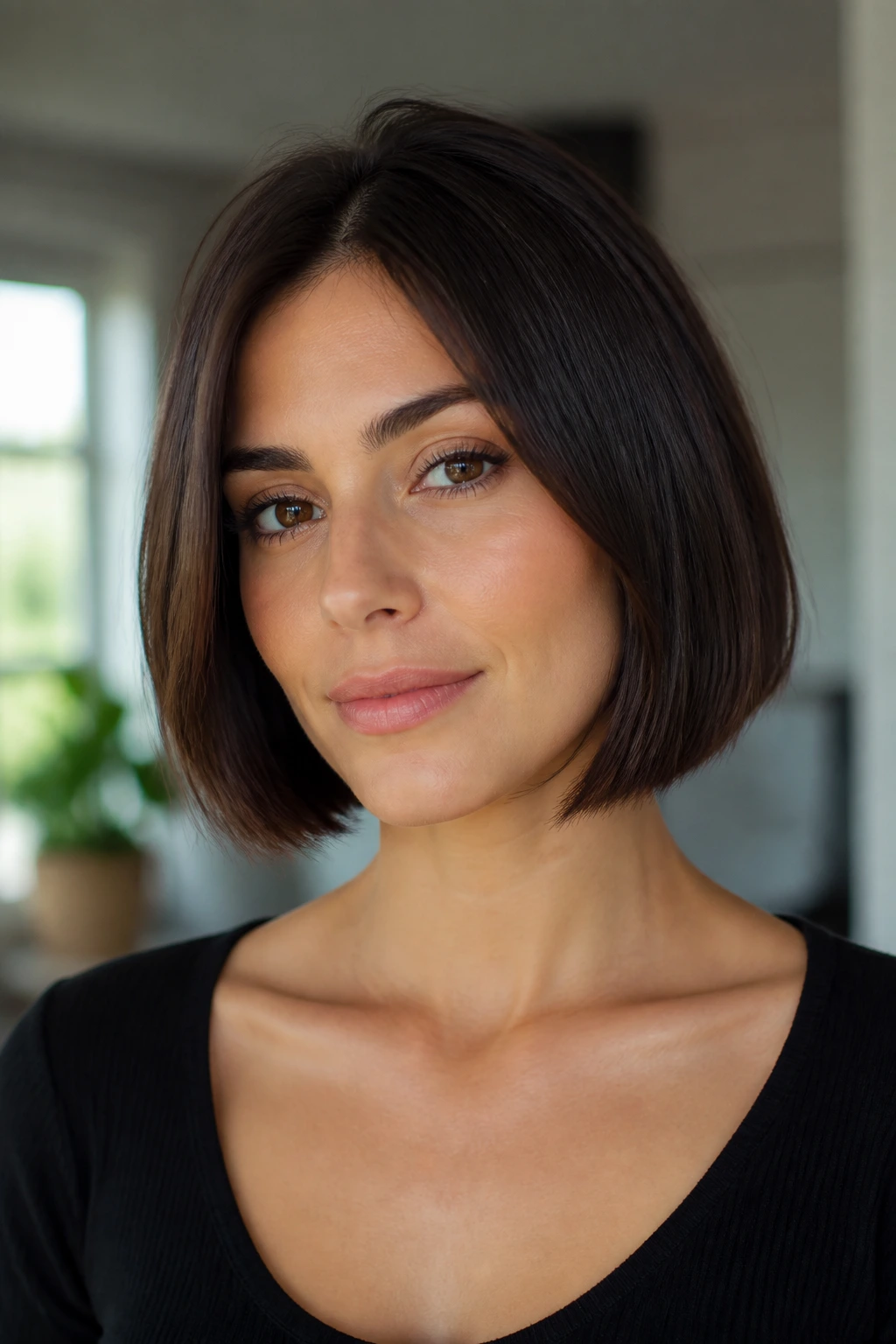 Portrait of a woman with a sleek bob in soft indoor light