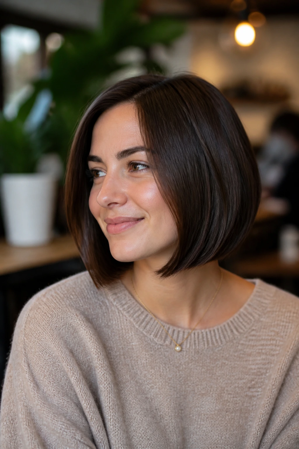 Portrait of a woman in a casual setting wearing a classic bob that flatters multiple face shapes