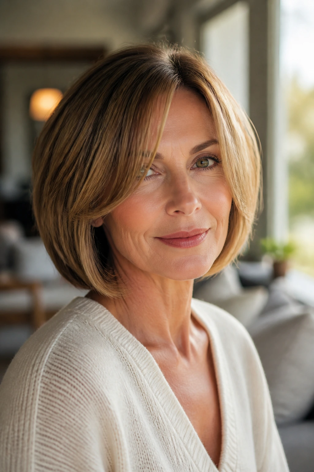 Portrait of a woman with bob hairstyle framing the face in natural daylight.
