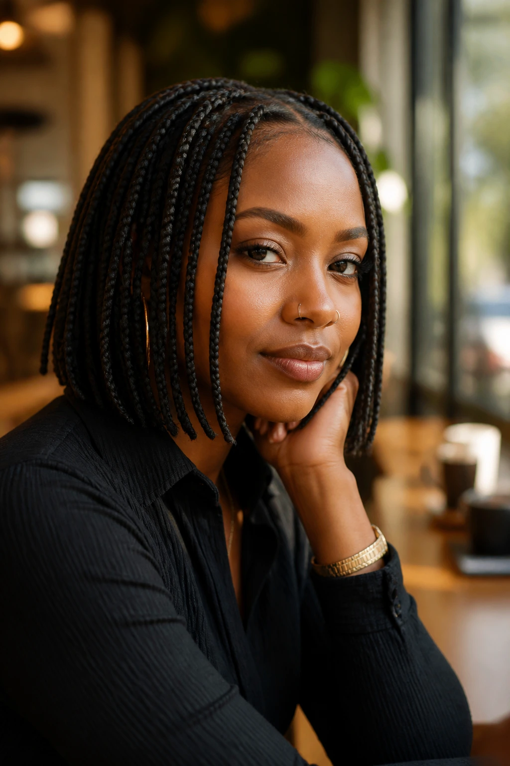 Close-up of real person with chin-length bob-length box braids in a cafe.