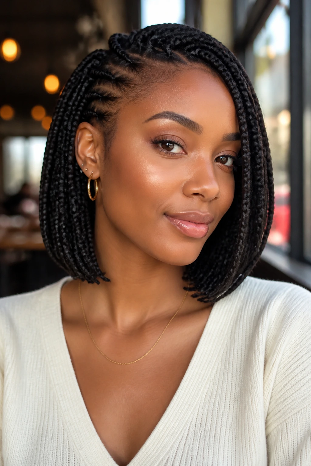 Portrait of a woman with bob-length box braids showing perimeter behind ear