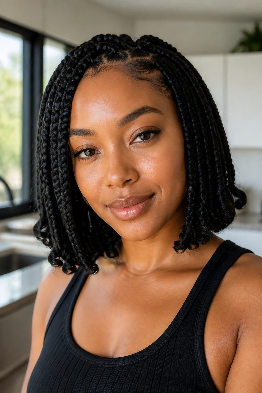 Close-up portrait of a real woman with chin-length bob goddess braids